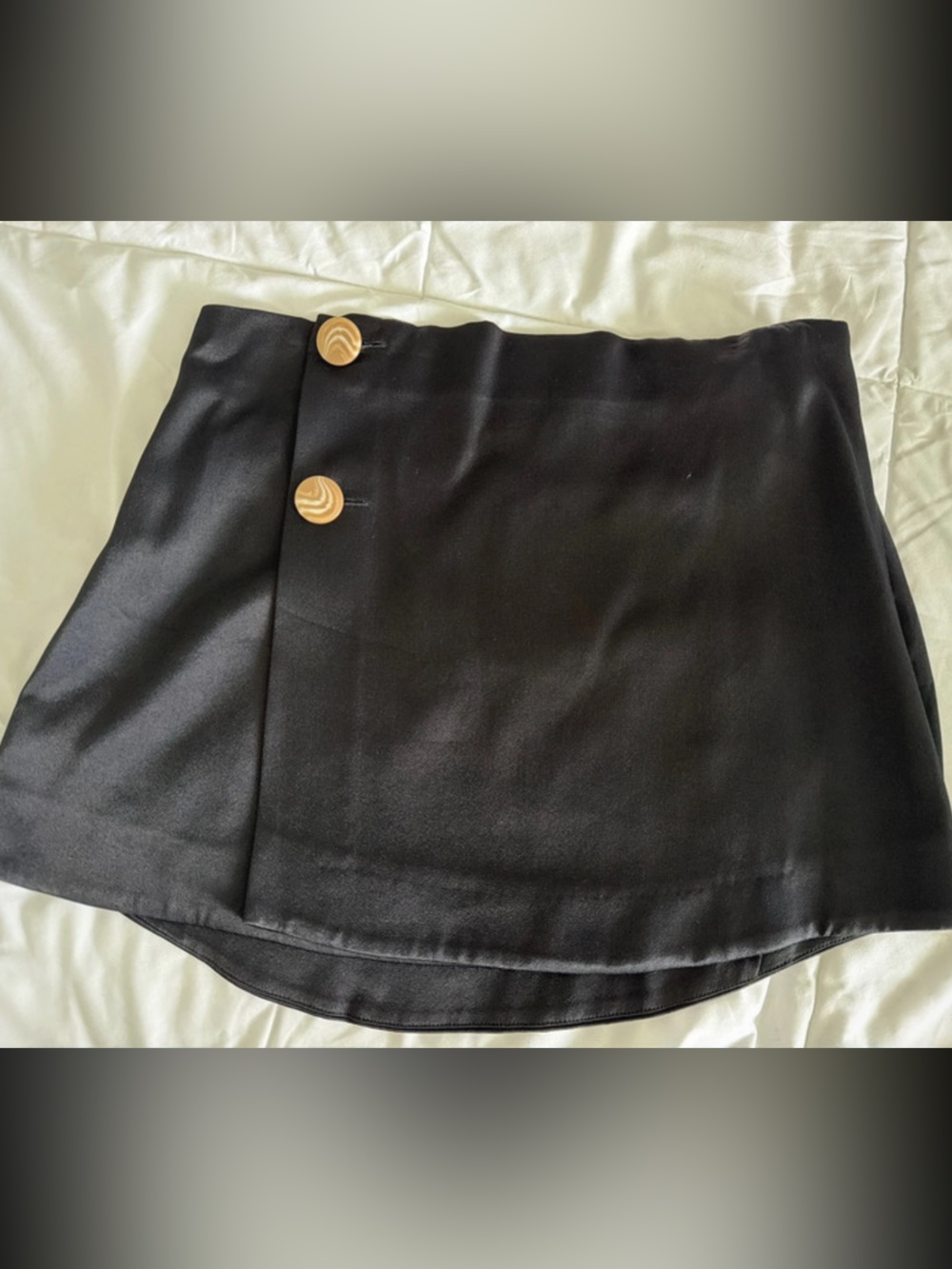 Zara Black Satin Wrap-Style Mini Skirt with Tan Button Accents